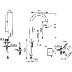 Oras Inspera Kjøkkenkran -Varme og inneklima Salgsbutikk oras inspera kjokkenkran 4200245 teknisk tegning tilpasset comfort